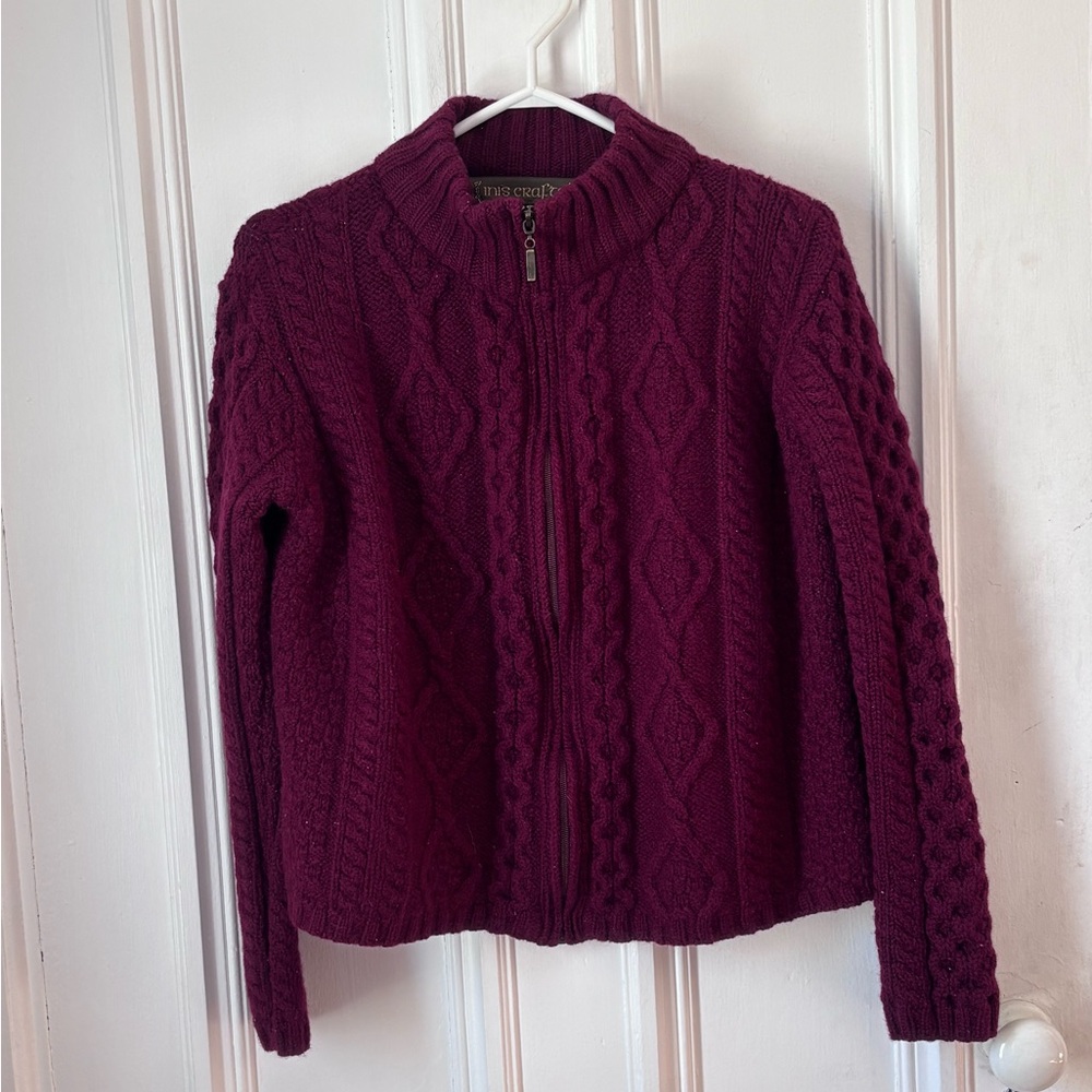 Inis Crafts 100% Merino Wool Made in Ireland Maroon Full Zip Cable Knit Sweater